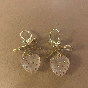 Betsey Johnson Gold Heart Earrings with Bow and Gem Accents